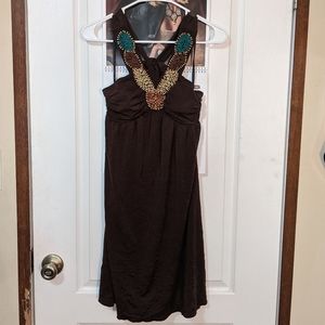 BCX Brown Beaded Halter Sun Dress Vintage Boho Bohemian Y2K 2000's Beach Medium